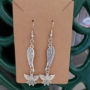Silver Angel Wing Dangle Earrings With Angel Message "Angels Watching Over Me"